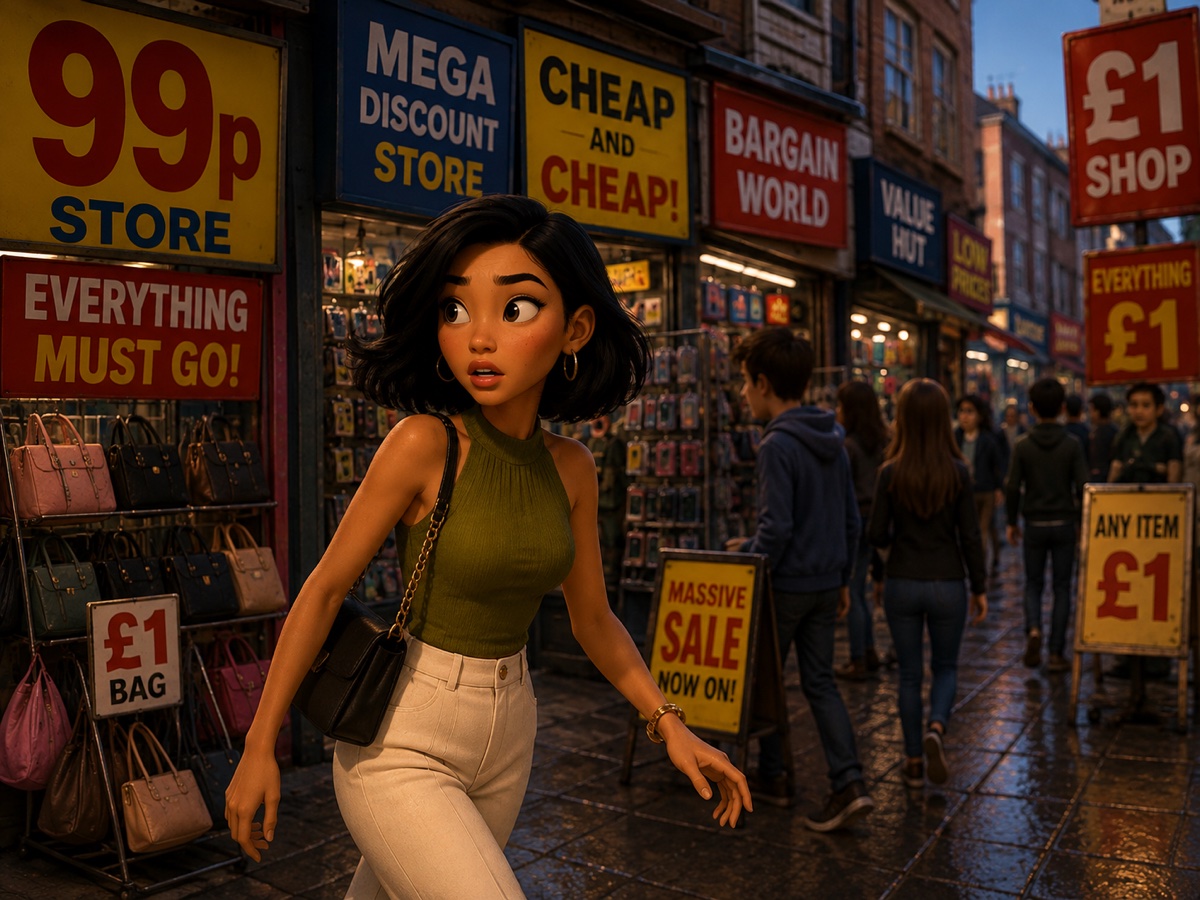 Vera walking past a street of loud, interchangeable signs